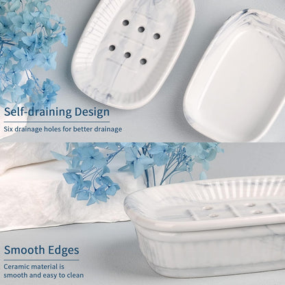 Ceramic Soap Dish, Self-Draining Soap Holder, Double Layer Marble Blue, Easy to Clean