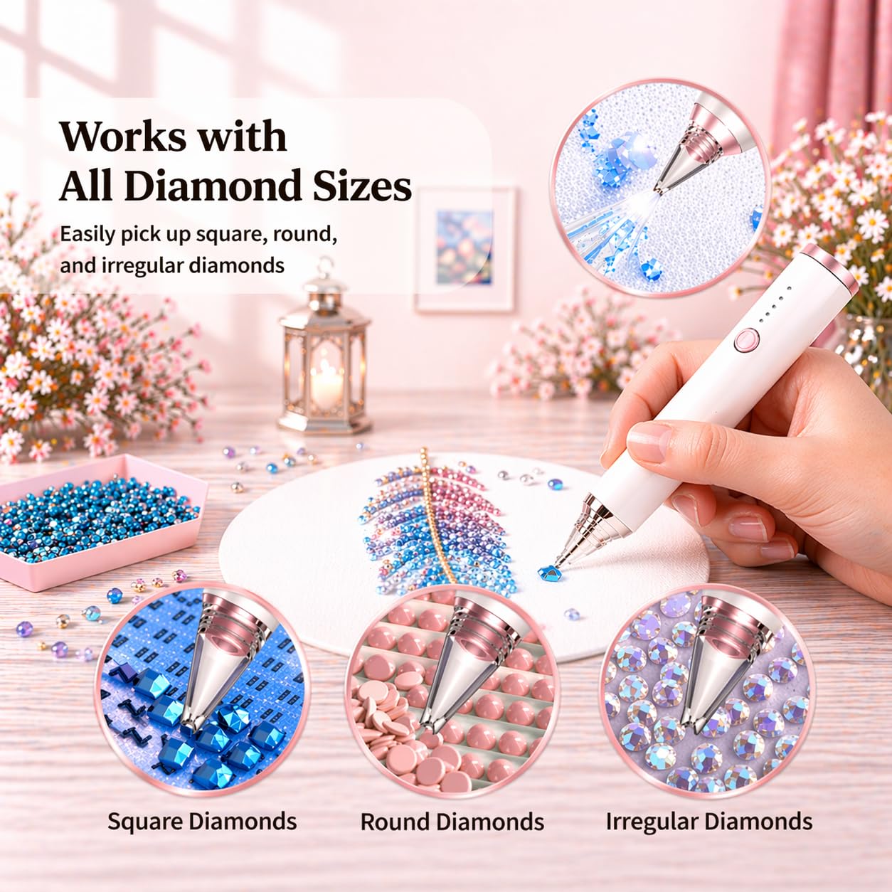 HAUTLENCE Electric Diamond Art Pen, Vacuum Diamond Painting Pen, Rechargeable Wax-Free Diamond Art Tools Kit with 3-Speed Adjustable Suction, Low Noise, Includes 6 Feather Bookmarks