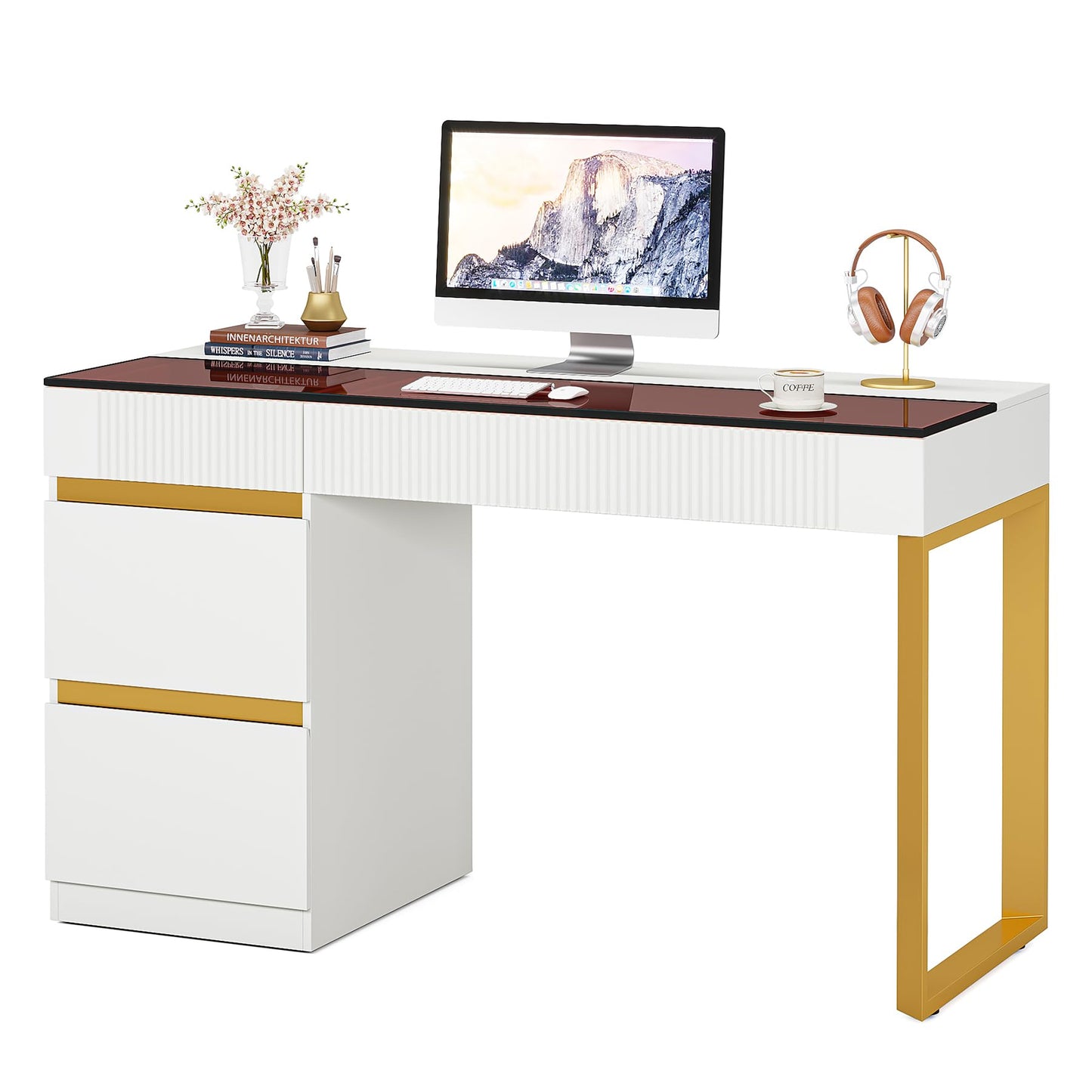 LITTLE TREE Computer Desk with 4 Drawers, 47 Inch Modern Home Office Desk with Glass Top, White and Gold Writing Workstation Desk with Storage
