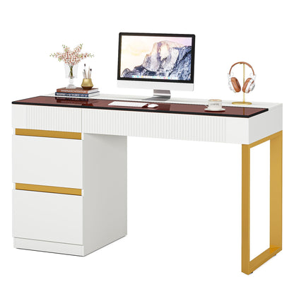 LITTLE TREE Computer Desk with 4 Drawers, 47 Inch Modern Home Office Desk with Glass Top, White and Gold Writing Workstation Desk with Storage