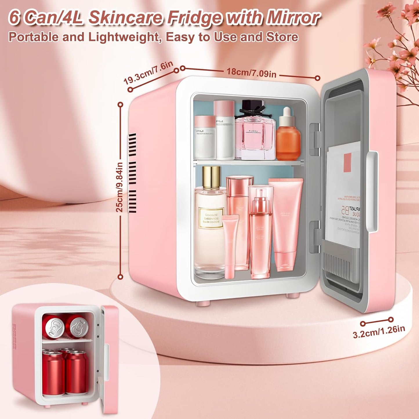 Mini Fridge for Bedroom, Skincare Fridge with Dimmable LED Light Mirror, 4L Makeup Mini Fridge, Pink