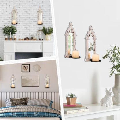 Walasis Farmhouse Mirror Wall Candle Sconces Set of 2 - Shabby Chic Decor Rustic Candle Holder French for Bathroom Living Room Mirrored Sconce