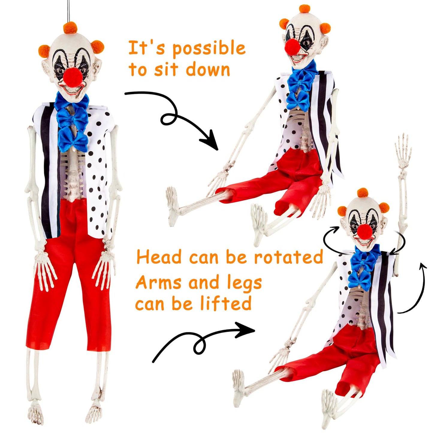 Halloween Skeleton Decorations - 16" Clown Skeleton Decorations, Full Body Mini Skeleton, Halloween Hanging Skeleton for Yard, Garden, Lawn, Patio, and Haunted House Decor - 3 Pack