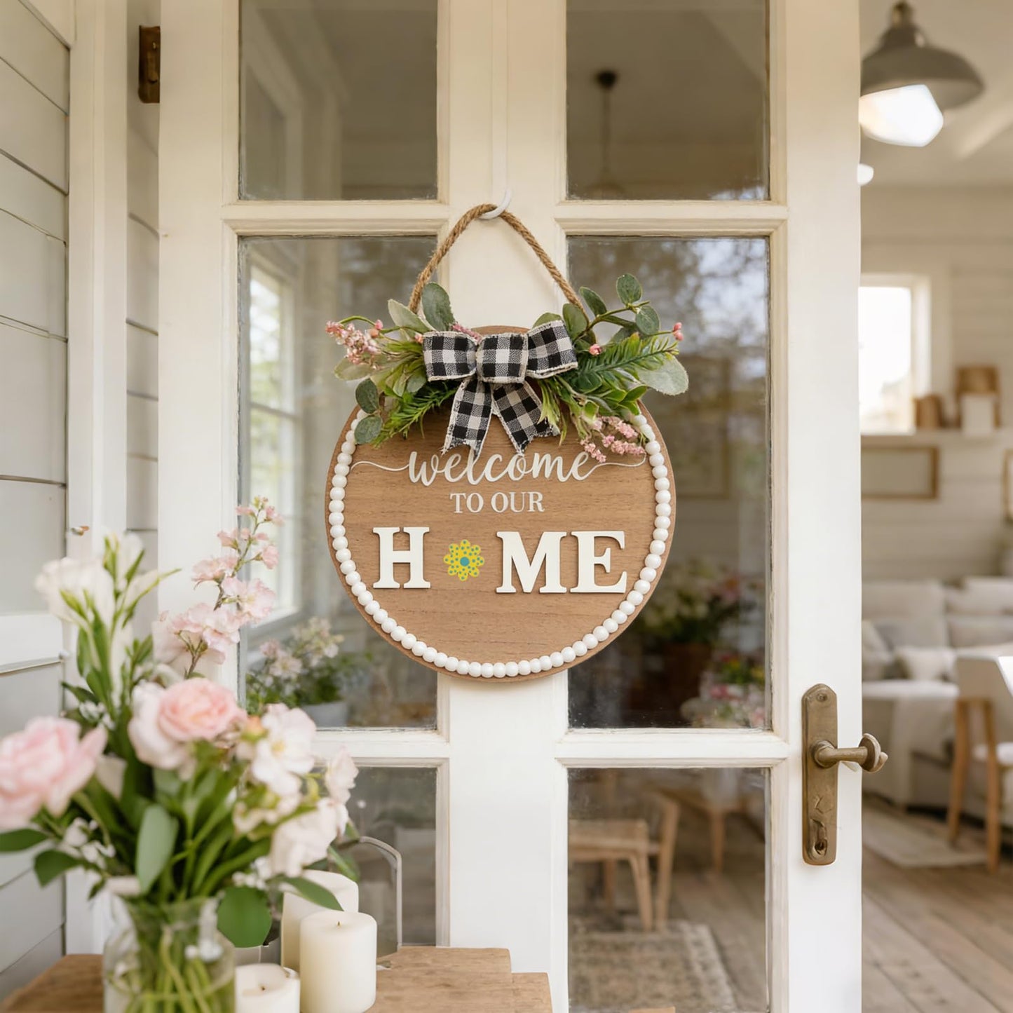 Idyllic 12 Inch Interchangeable Seasonal Welcome Sign Front Door Wreath Decor Wooden Plank with 5 Replaceable Wreaths and 12 Holiday Signs for Year Round Holiday Home Decor Front Door Fireplace