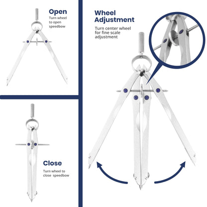 Pacific Arc Metal Professional Compass, Perfect Spring Bow Compass for Math, Geometry, or Drafting, Up to 8" Diameter Large, Comes with Lead and Lock