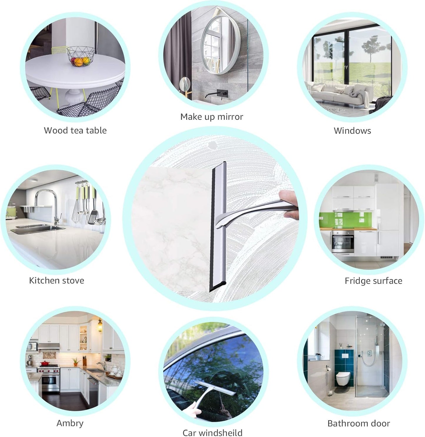 Stainless Steel Shower Squeegee, 14 Inch for Shower Doors, Bathroom, Mirrors, Tiles, Car Windows with 2 Hooks (Silver)