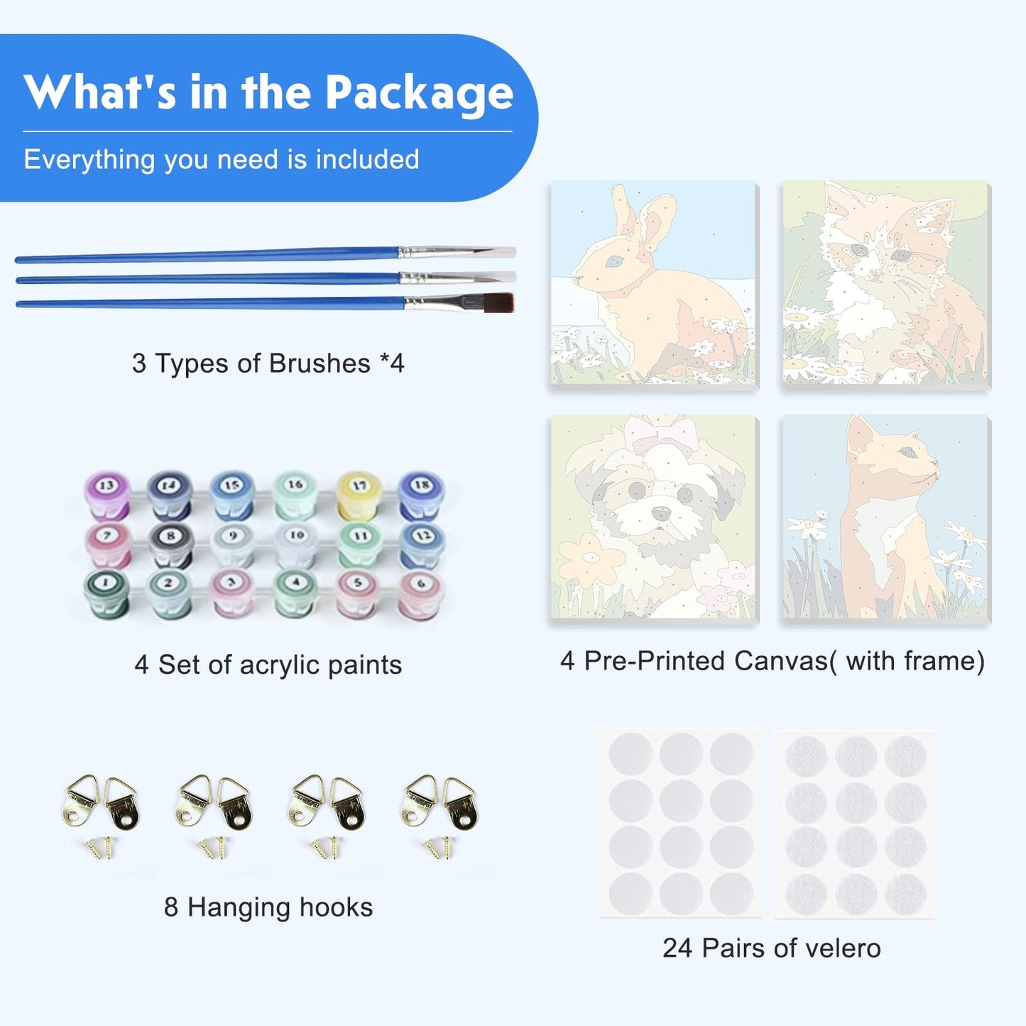 NEWENMO 4 Pack Paint by Number for Kids with Wooden Frame, Cute Rabbit, Cat, Dog Paint by Numbers for Kids Ages 8-12, Animal, DIY Acrylic Oil Painting for Beginners for Home Wall Decor 8X8 inch
