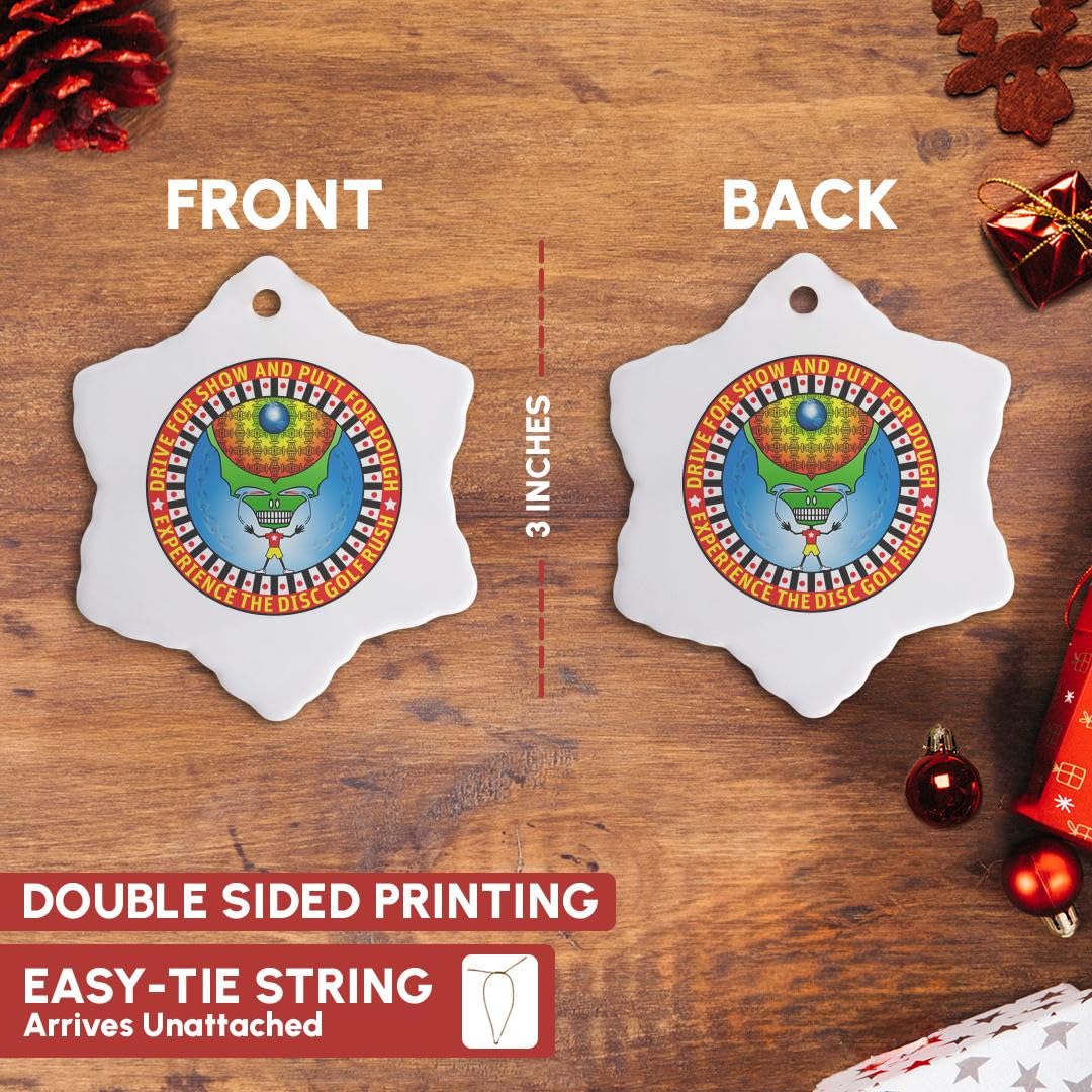 3dRose Experience The Rush Fun Frisbee disc Golf Design of Skeleton Player with Vision 3 inch Snowflake Porcelain Ornament