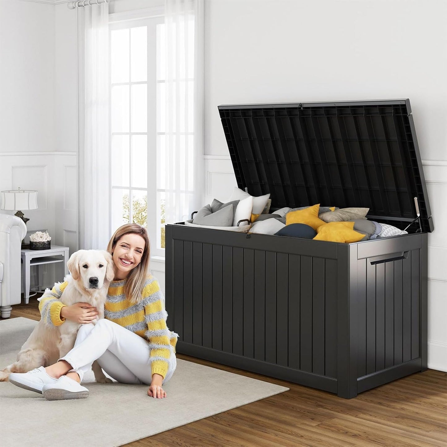 PatioZen 230 Gallon Resin Deck Box, Lockable Patio Outdoor Storage Box for Furniture, Garden Tools and Tools Storage, Waterproof Outside Storage Boxes - Black