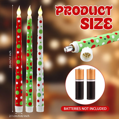 Kittmip 6 Pcs Christmas Flameless Taper Candles 11 Inch Long Polka Dots White Red Green Battery Operated LED Candles Elf Candlestick Table Centerpiece for Xmas Winter Holiday Party Decor