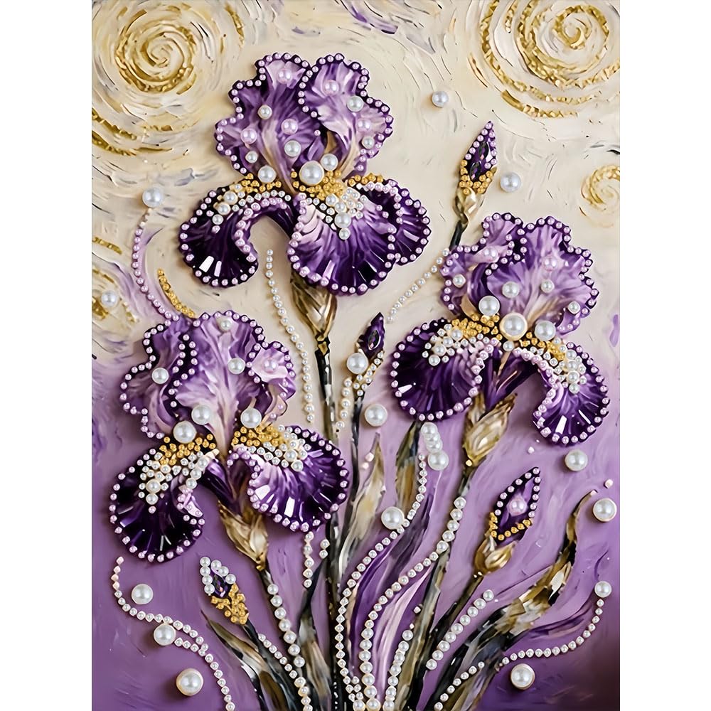 LPDJITO DIY Diamond Pearl Painting Kit for Adults, Flower 5D Pearl Painting Craft 12x16 inch, Beginner Friendly Home Wall Decor Art, Gift for Women Men Housewarming 12x16 (Purple flowersr)