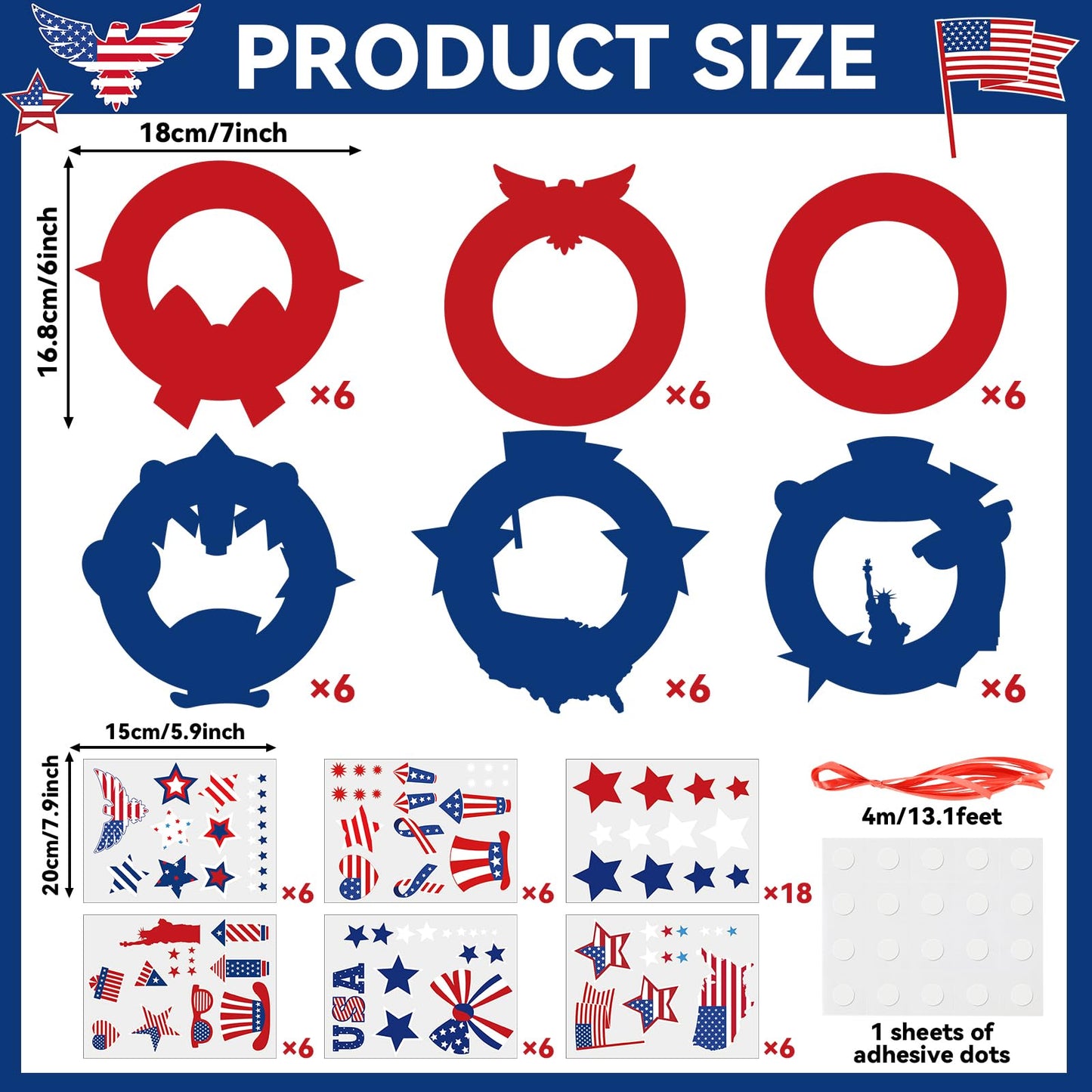 QOUBAI 36 Set Patriotic Wreath Craft Kit for DIY 4th of July Paper Crafts American Flag Stickers Hanging Ornament for Memorial Independence Day Art Activity Home Decor Supplies