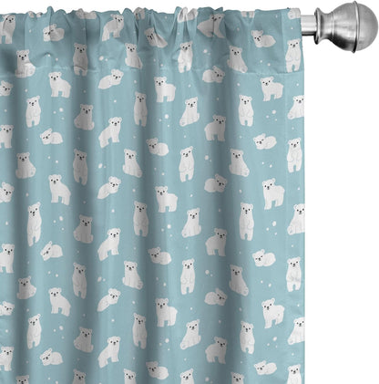 Ambesonne Bear Window Curtains, Cartoon Style Polar Bear Cubs on Sea Backdrop, Lightweight Decor 2-Panel Set, 28" x