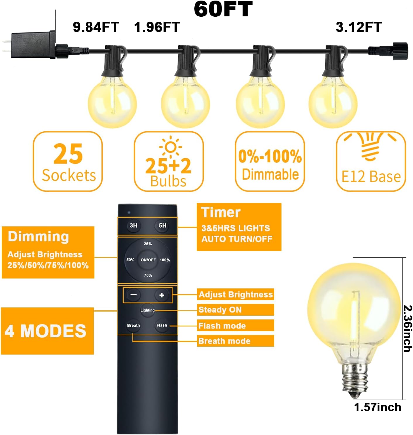 ShineU 60FT G40 Dimmable 27 Bulbs, LED String Lights with Remote, Globe for Patio, Edison Shatterproof Waterproof