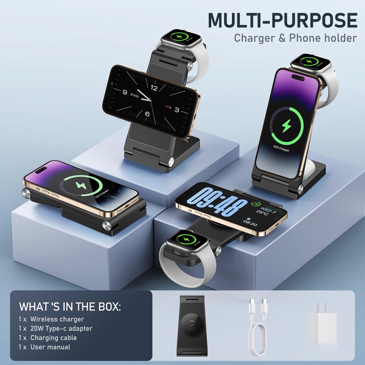 Magnetic Wireless Charger Stand, 3 in 1 Foldable Wireless Charging Station with 20W Adapter, Travel Charger for Multiple Devices for iPhone 17 16 15 14 13 12 Pro/Max/Plus/Mini, iWatch, AirPods