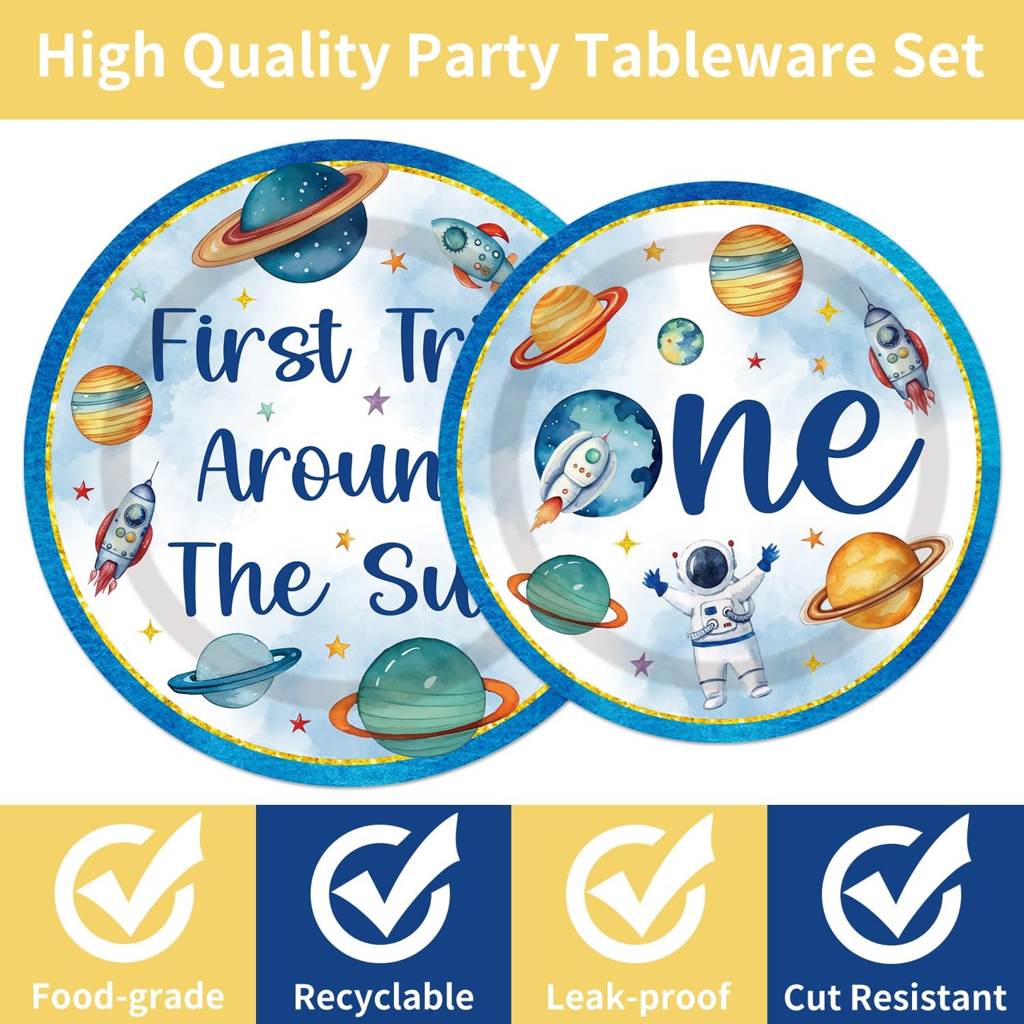 First Trip Around The Sun Decorations - 96PCS First Tirp Around The Sun Plates and Napkins Party Supplies Outer Space 1st Birthday Decorations Boy Disposable Paper Tableware Set Serves 24 Guests