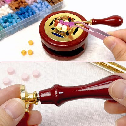 Wax Seal Kit, 24 Colors Sealing Beads, 2 Pcs Stamp,Sealing Wax Warmer, Metallic Pen, Envelope,Dried Flower,Candles for Wedding Birthday Gift and DIY Craft