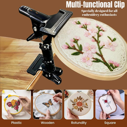 Embroidery Hoop Stand Holder - 360° Rotatable Adjustable Metal Table Clamp for Cross Stitchers,Hands-Free Sewing Needlework Stand,Fits 6–12 Inch Hoops,Portable Embroidery Stand with Protective Pads