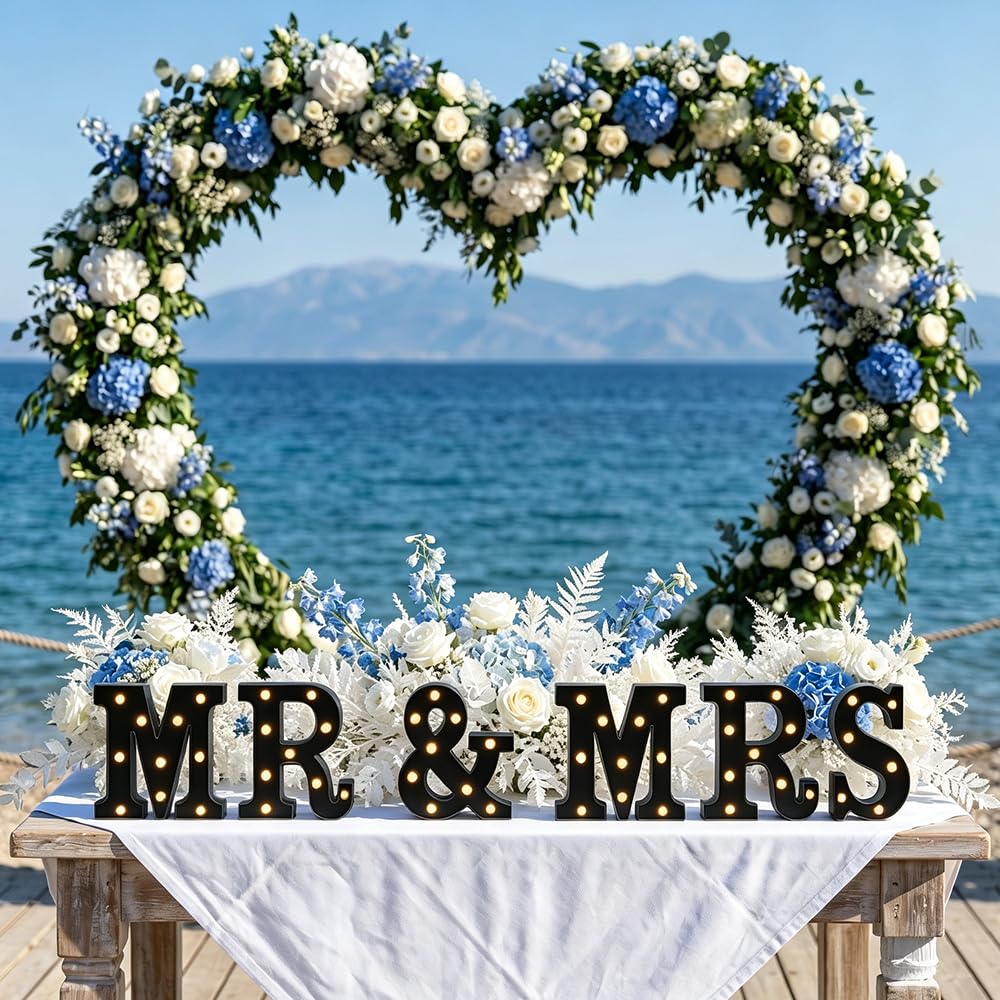 CDIXlmuz Mr & Mrs LED Light Up Letters, Mr & Mrs Sign for Wedding Table, Black LED Marquee Letter Lights Engagement Wedding Decoration, Photo Props, Valentine's Day Anniversary, Battery Operated
