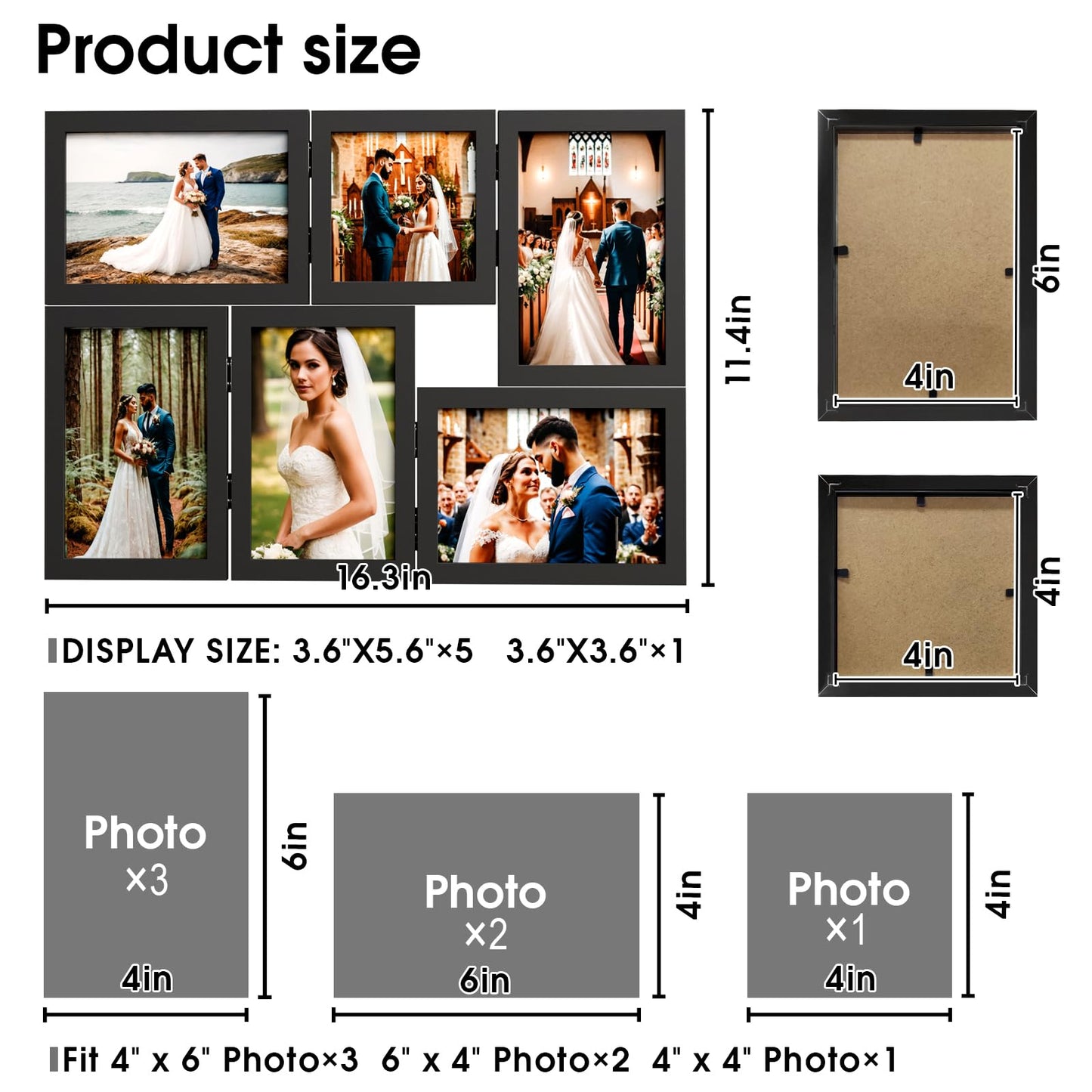 WARM&LOVE 6 Picture Frame, 4x6 & 4x4 Six Folding Hinged Photo Frames, Rustic Wood Desk Family Photo Collage Stand Vertical on Tabletop for Birthday Family Lover Gift (Black)