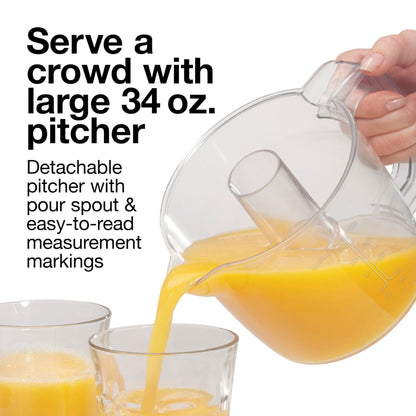 Proctor Silex Electric Citrus Juicer Machine, Large 34 oz. Pitcher, Pressure Activated, 2 Reamers for Big and Small Fruit, Pulp Control, for Orange, Lemon, Grapefruit Juice, White & Green (66340)