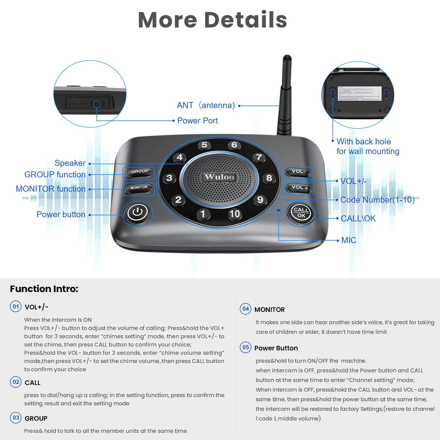 Hands-Free Intercoms Wireless for Home Business, Wuloo Upgrade Two Way Audio Intercom System for Elderly, Full Duplex Room to Room Intercom with 5280 ft Range Clear Sound Anti-Interference, Pack of 2