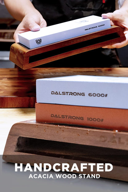 Dalstrong Whetstone Set #1000/#6000 — XL Corundum Sharpening Stones — For Restoring Dull Knives, Maintaining Any Kitchen Blade, Beginner to Pro — Non-Slip Base, Angle Guide, Customer Support