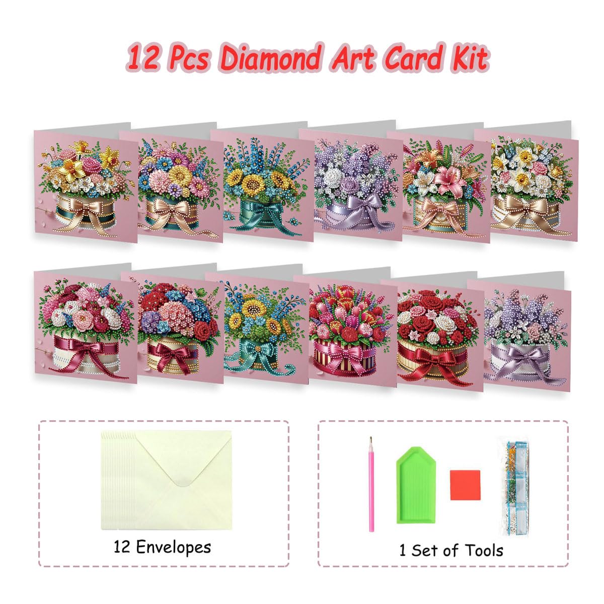 JBTM24 12 Packs Diamond Art Cards Kit, Diamond Painting Greeting Cards with Envelopes, DIY Card Making Kits for Adults, Gifts for Families, Friends, Partners (Bouquet)