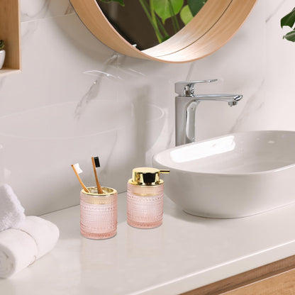 FEILANDUO Bathroom Accessories Set,4Pcs Glass Bathroom Accessories,Vanity Bathroom Decor, Soap Dispenser, Toothbrush Holder Set, Apothecary Jar, Gift for Home Apartment (Pink)