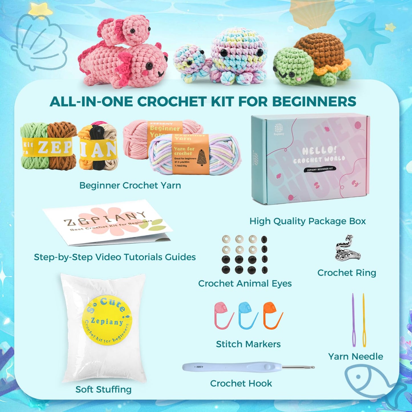 Crochet Kit for Beginners, 5 Pack Amigurumi Beginner Crochet Kits Animals, Crochet Turtle Axolotl Octopus Crocheting Kit, Easy Knitting Kit for Beginners with Step-by-Step Video Craft Kits for Adults