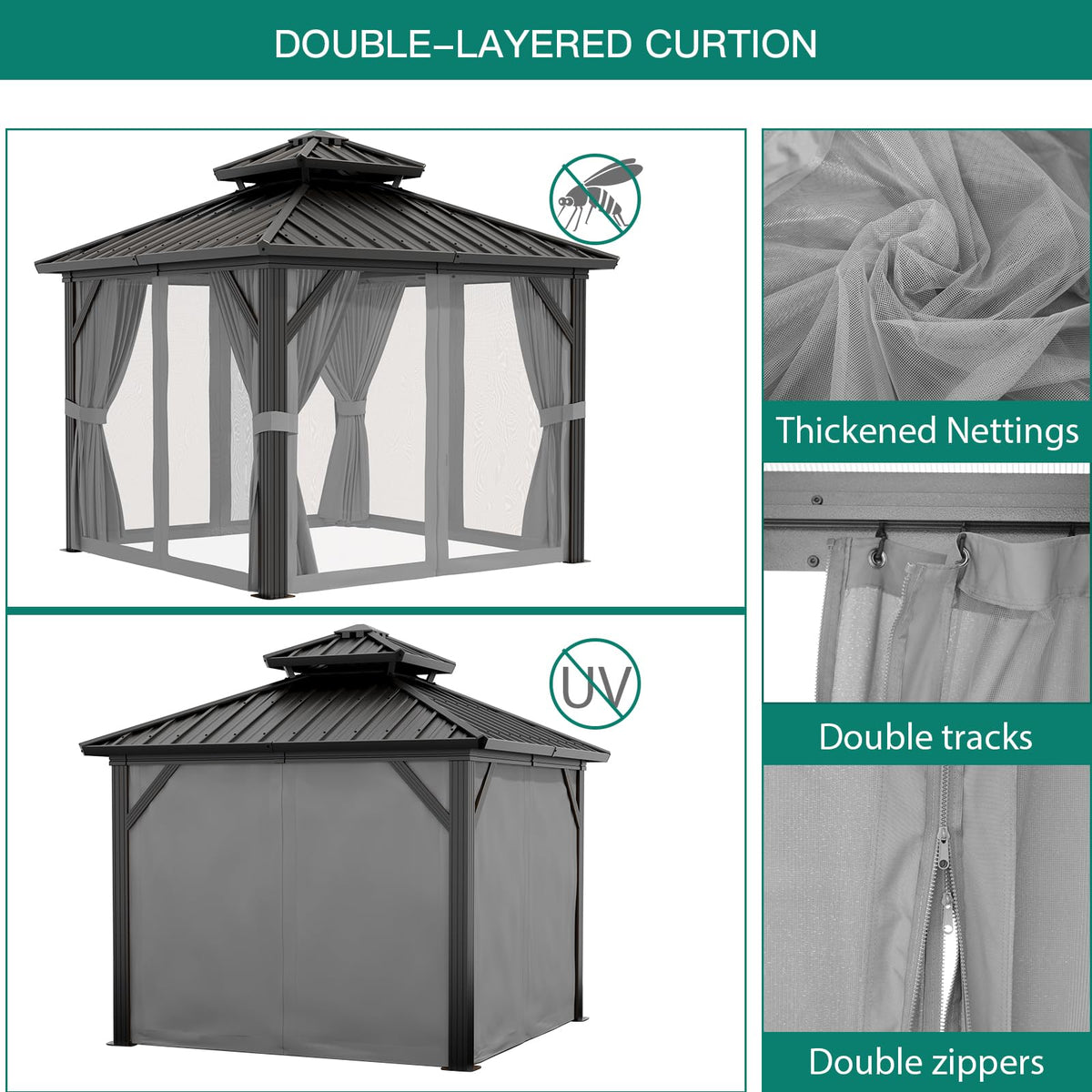 PeakPursuit 10'x10' Hardtop Gazebo, Heavy Duty Aluminum Permanent Hardtop Gazebo Outdoor Pavilion with Curtains and Netting for Garden