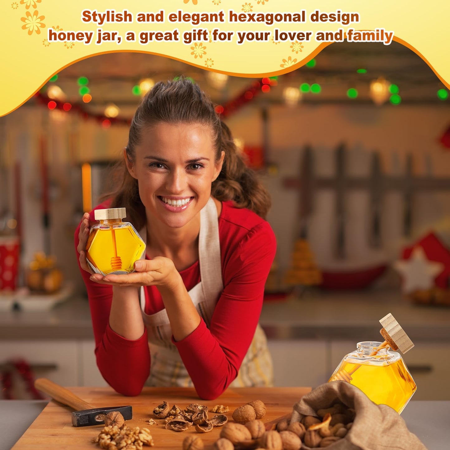Sunnyray 20 Pcs Glass Honey Jars with Dipper Hexagonal Clear Glass Dispenser Small Honey Containers Bottle with Wooden Dipper and Cork Lid for Home Storage Kitchen (220 ml)