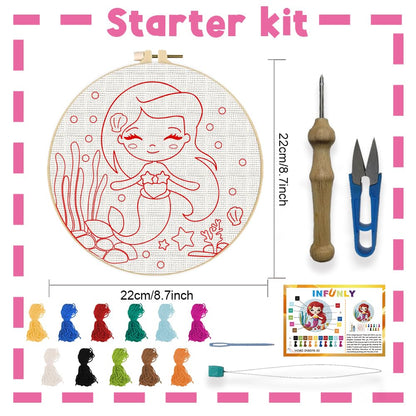 INFUNLY Mermaids Punch Needle Kit Round 8.7" DIY Embroidery Punch Needle Set for Adult Fairy Tales Punches Stitching Starter Kits with Easy to Follow Instruction Yarns Fabric Festival Gift Home Decor