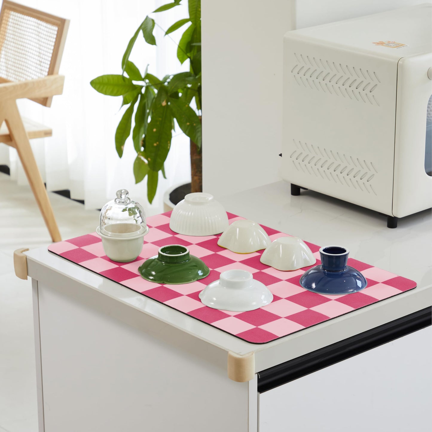 Ohocut Checkered Dish Drying Mat for Kitchen Counter, Coffee Bar Station Accessories, Retro Cute Girly Pink Aesthetic Modern Absorbent Drainer Mat Kitchen Drying Mat Easy Clean, Hot Pink 16" x 24"