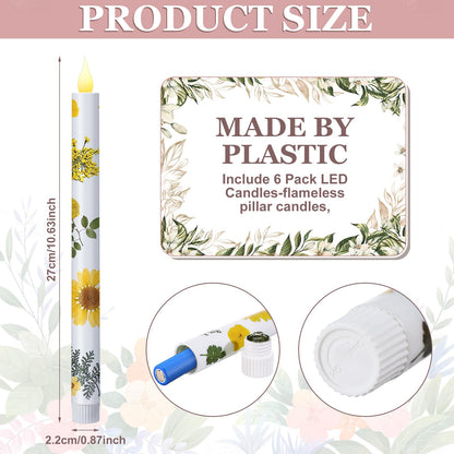 Nuanchu 6 Pcs Mother's Day Floral LED Flameless Taper Candles 10.6 Inch Pastel Dried Flower Flameless Candles Battery Operated Candlestick for Home Wedding Garden Summer Party Decoration