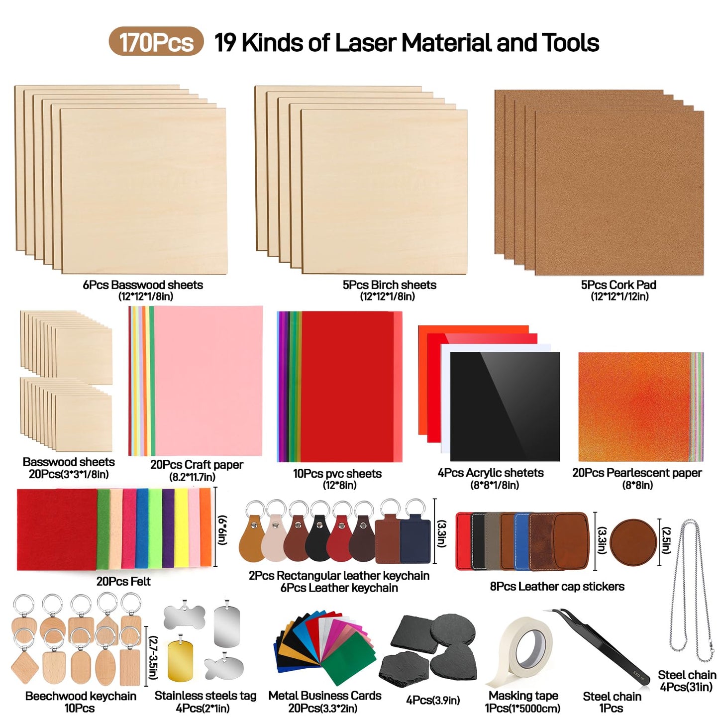 Adrattnay Laser Material Explore Kit, 170PCS Laser Engraving Supplies for Crafting,17 Kinds Blanks Includes Basswood, Birch, Acrylic, Leather, Metal for Engraver Machine