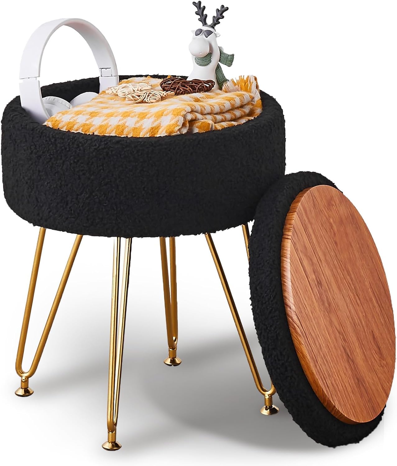 Wimarsbon Storage Ottoman,Teddy Velvet Vanity Stool,Soft Padded Seat,Round Footrest with Removable Cover and Adjustable