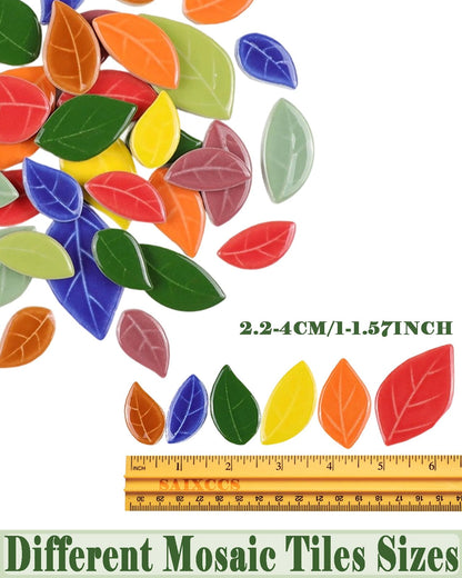 200g Mixed Sizes Leaves Mosaic Tiles for Craft Bulk, Small Ceramic DIY Stepping Stone Kit, Glazed Porcelain Tiles for Coasters Lamp Bathroom Decorations (Mixed)