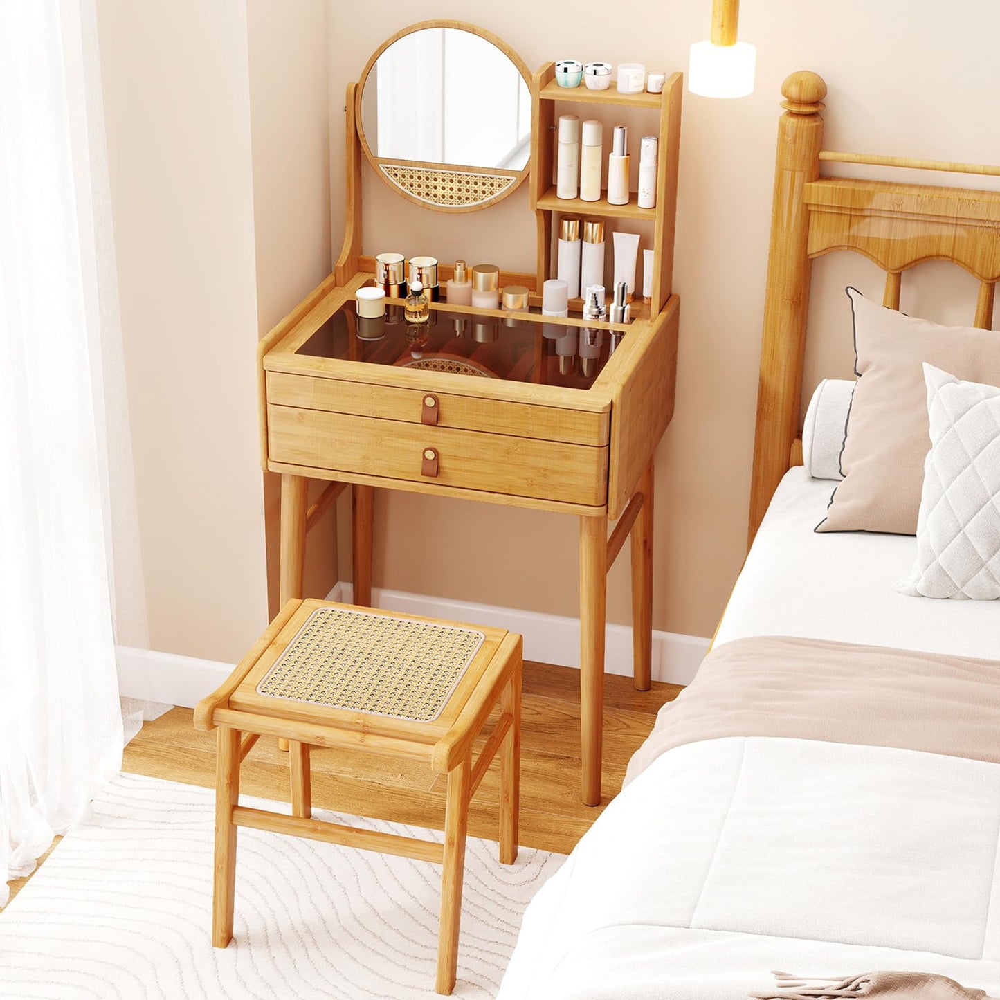CHARMAID Small Bamboo Vanity Desk with Mirror and Stool, Glass Top Makeup Vanity Table with Storage Drawers, Shelves & Deep Tabletop Groove, Compact Dressing Table for Bedroom Small Spaces, 23.5" W