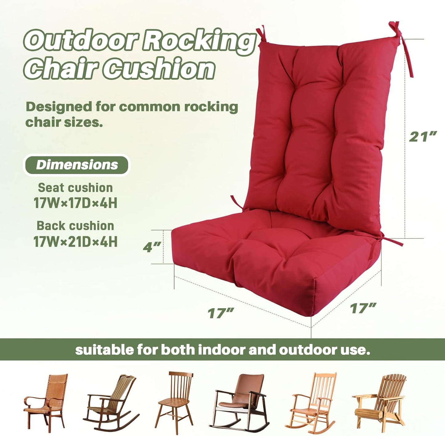 QemoraHome Set Rocking Chair Cushion Waterproof Weather Resistant Tufted with Ties, Non-Slip High Back Chair Pads