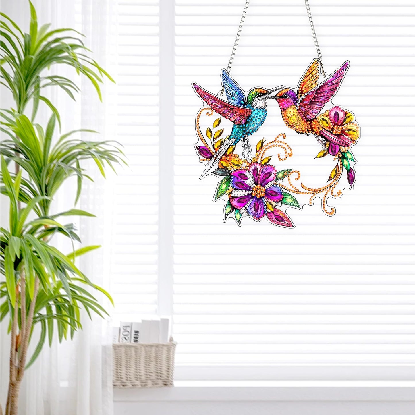 Lxmsja DIY Colorful Hummingbirds Diamond Painting Hanging Ornament, Double-Sided Acrylic Bright Flowers Diamond Art Kit, Special Shaped Suncatcher Hanging Pendant Window Art Kit 8x8 inch