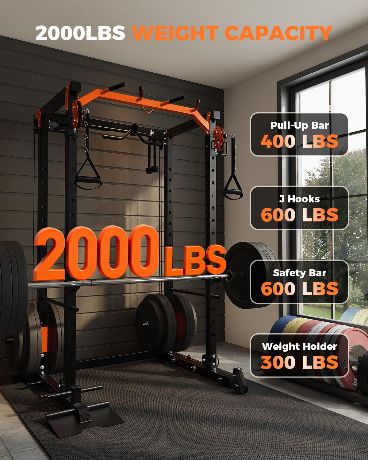 Power Cage for Home Gym, 2000LBS Power Rack with Cable Crossover and Dual Independent Pulley System, Squat Rack with LAT Pull Down System, Workout Cage for for Full Body Training