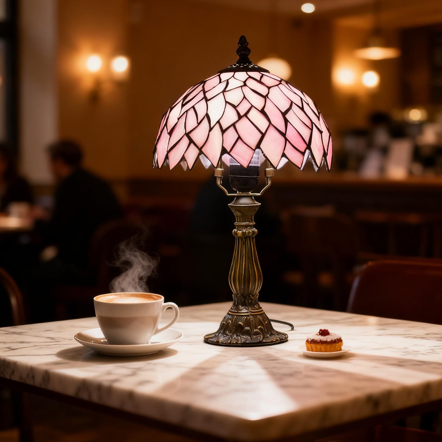 MOAN Small Lamp Stained Glass Table Lamp 8X14.5 Inch Bedside Reading Light Antique Light Desk Lamp(Pink Wisteria Style)