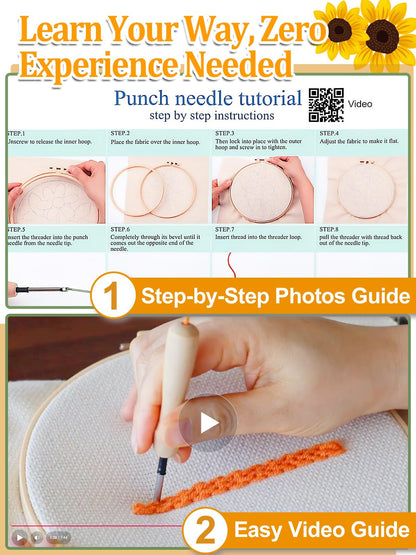 Punch Needle Kit Adults Beginner - Includes Hoop/Needle/Yarns/Punch Needle Fabric with Pattern, Embroidery Craft Gifts for Women Mother, Cute Sunflower