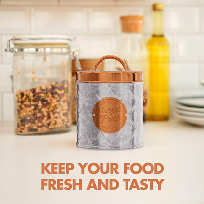 Amici Home Bristol Metal Canister | Food Storage Container with Lid | Canisters for Kitchen Counter | Galvanized Metal/Copper Lid | Farmhouse Décor | 52 Oz