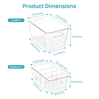 Vtopmart 8 Pack Clear Plastic Storage Bins Set, 4 Large Pantry Organizer Bins with Handle and 4 Medium Snack Organizer Bins with 4-Compartment for Pantry, Kitchen, Fridge, Cabinet Organization