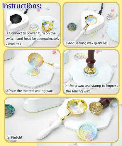 Wax Seal Kit, Electric Wax Seal Warmer, 1300 Pcs Wax Seal Beads with 4 Pcs Wax Seal Stamps, 48 Color, 50 Pcs Wax Seal Stickers, Envelope, Wax Seal Metallic Pen