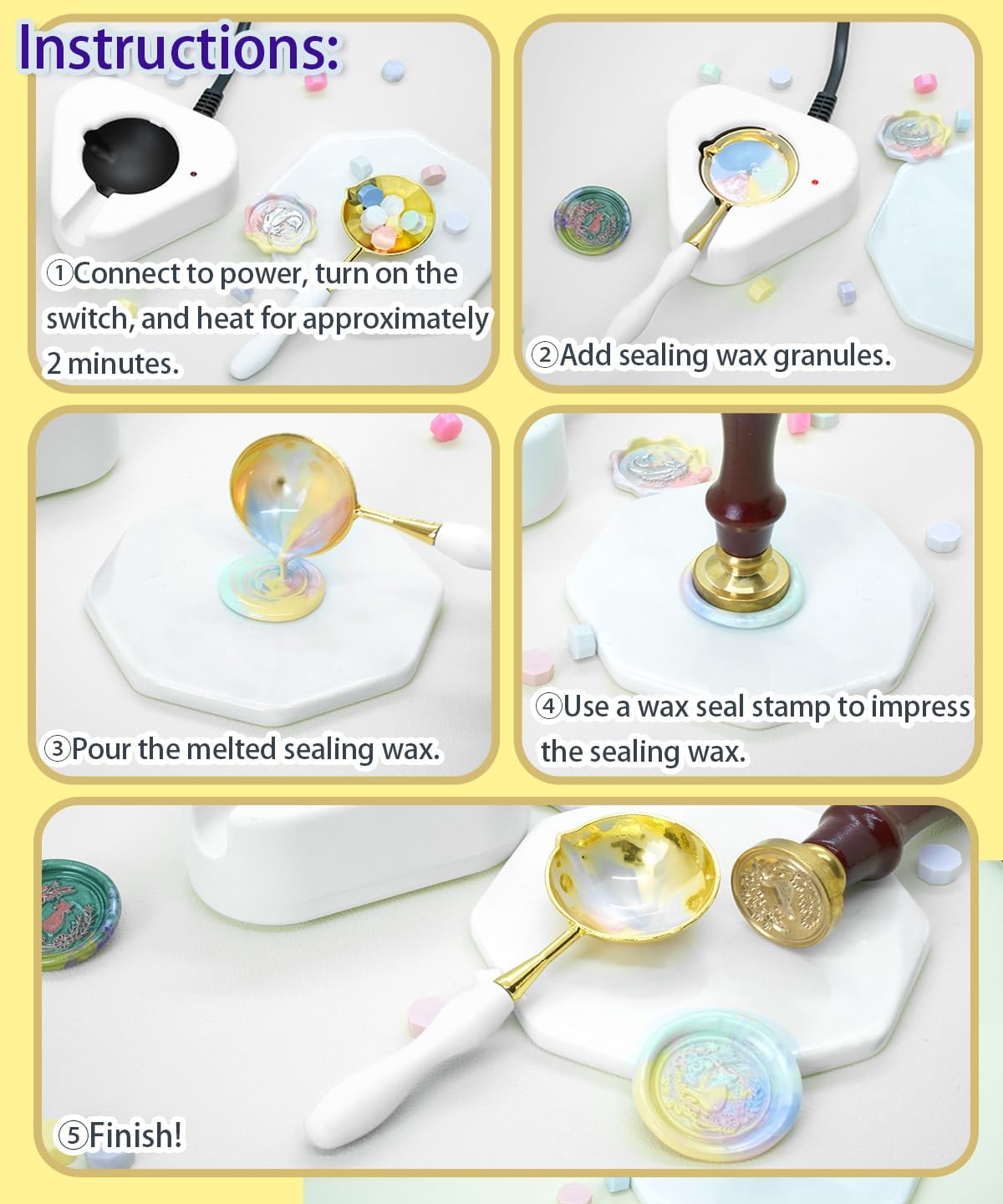 Wax Seal Kit, Electric Wax Seal Warmer, 1300 Pcs Wax Seal Beads with 4 Pcs Wax Seal Stamps, 48 Color, 50 Pcs Wax Seal Stickers, Envelope, Wax Seal Metallic Pen
