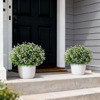 Artificial Eucalyptus with Baby's Breath Topiary Ball Trees - 2 Set Plastic Faux Eucalyptus Plants in Pot, Sun Resistant Fake Greenery Potted Bushes for Front Door Farmhouse Garden Porch Decor