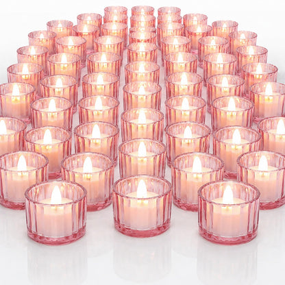 Mumufy 50 Pcs Glass Tealight Candle Holder Ribbed Votive Candle Holder for Centerpiece Wedding Proposal Spa Aromatherapy Meditation Home Decor (Pink)